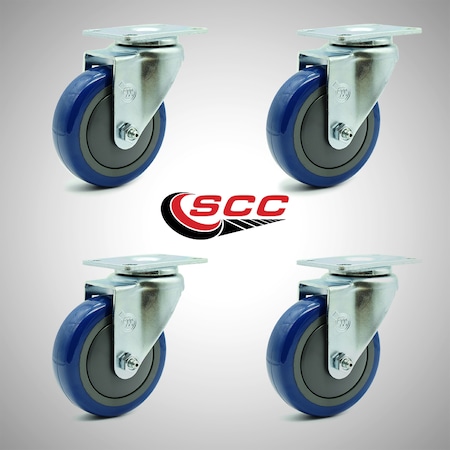 Service Caster 4 Inch SS Blue Polyurethane Wheel Swivel Top Plate Caster Set SCC-SS20S414-PPUB-BLUE-4